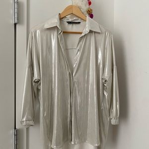 Zara basic silver shimmery blazer top